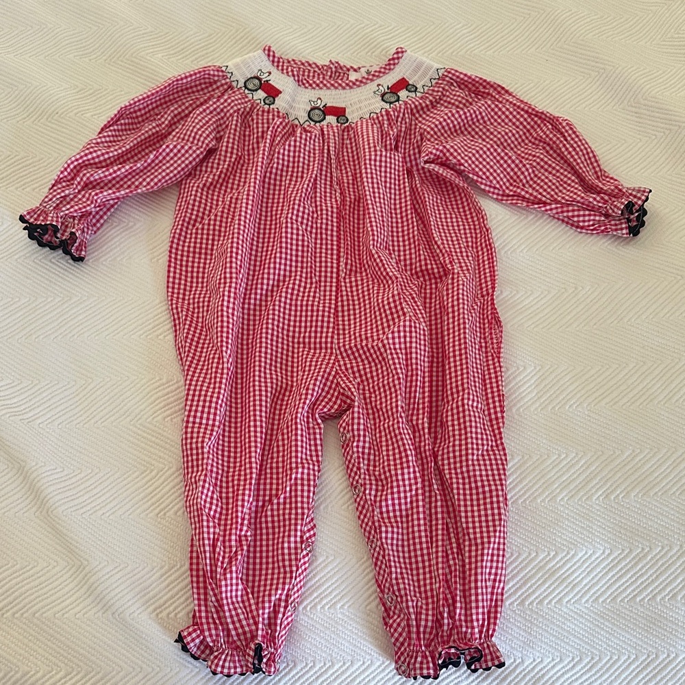 Red Gingham Kids One-Piece Romper with Smocked Tractors